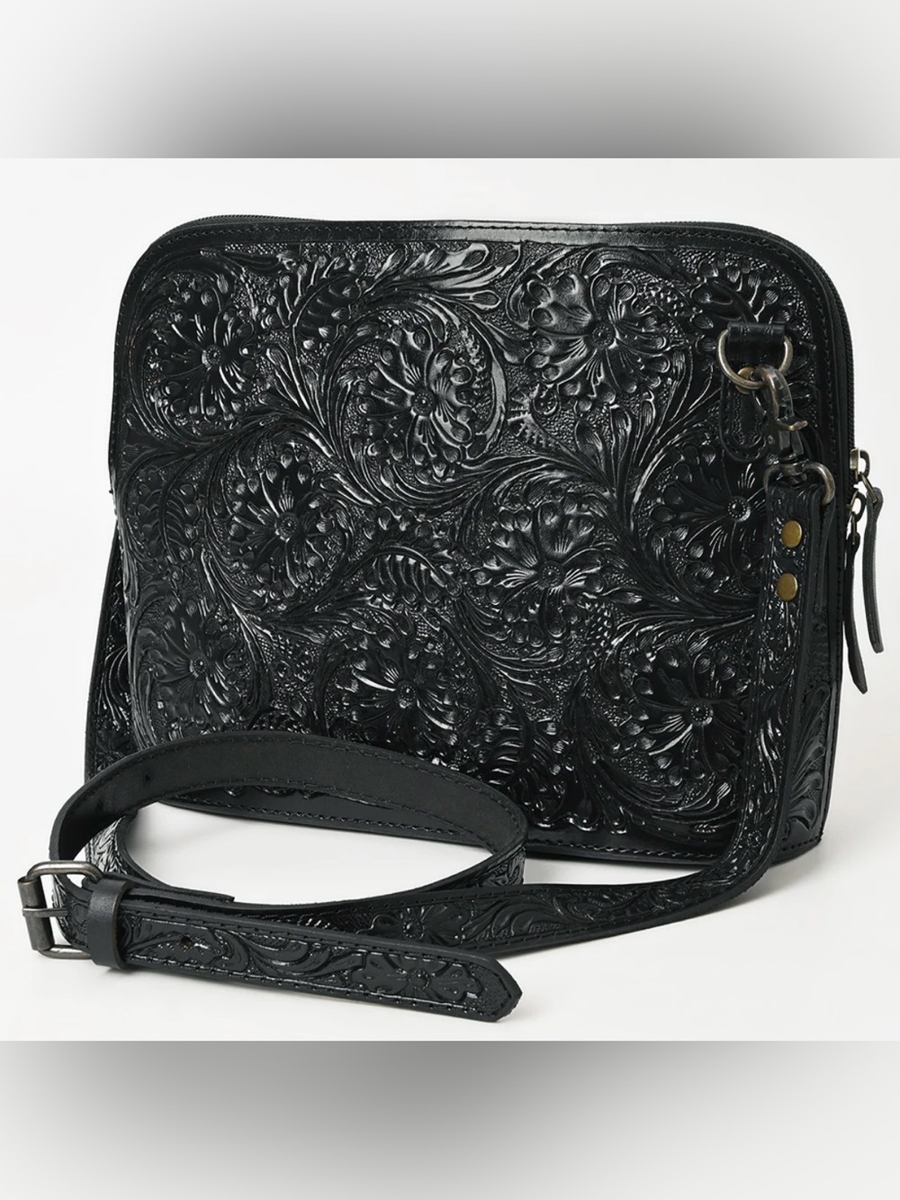 Black Tooled Leather Crossbody Bag - Women